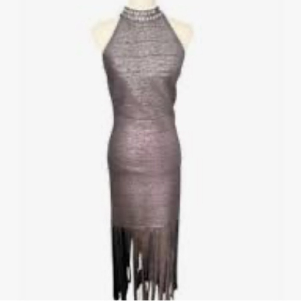 Boston Proper Metallic Silver Fringe Halter Midi Dress - Picture 7 of 12